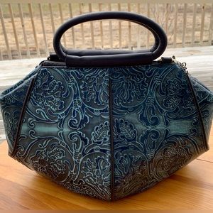 Rococo Blue Tooled Handbag with Shoulder Strap